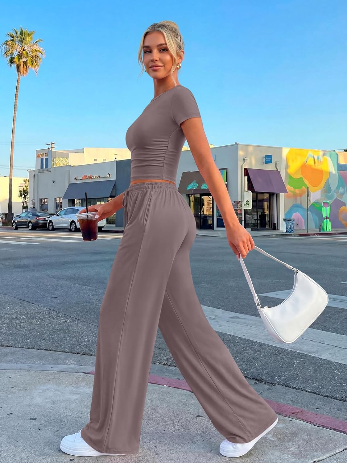 Trendy Queen 2-Piece Summer Lounge Set - Women's Side Ruching Top & Wide Leg Pants with Pockets