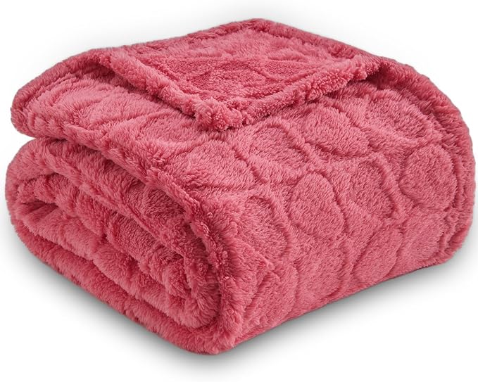 NEWCOSPLAY 3D Heart Checkered Flannel Queen Blanket, Coral Pink, 90"x90" | Super Soft Cute Lightweight Decorative Premium Silky Fleece Blanket for Couch Sofa Bed, Gift for Women Men, All Season Use