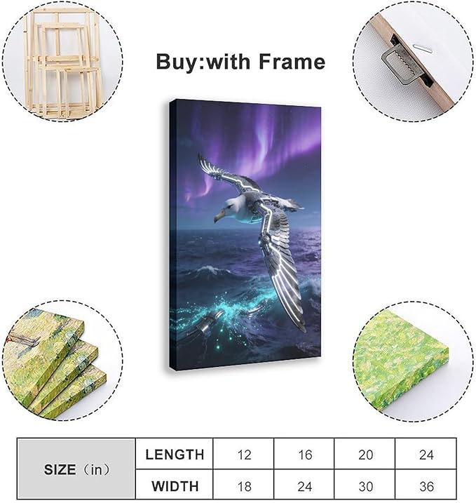Framed Steampunk Mechanical Seagull Wall Art - Aurora Ocean Retro Poster for Bedroom Game Room Decor 16x24inch(40x60cm)