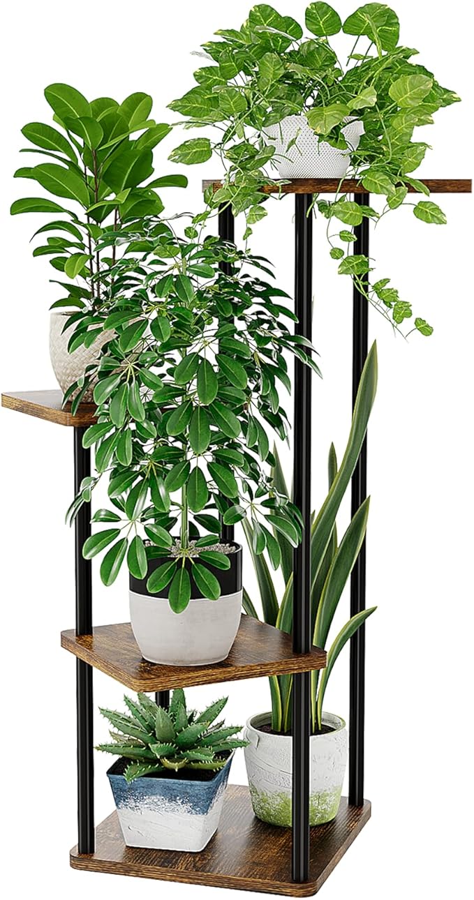 Bamworld 4 Tier Plant Stand Small Plant Shelf for Indoor Plants Corner Flower Stand Wooden Plant Holder for Balcony Living Room Bedroom Brown