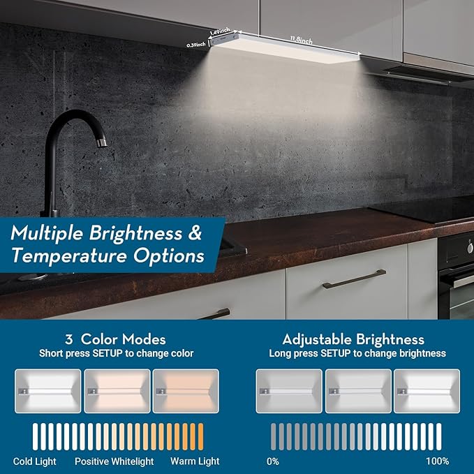Under Cabinet Lighting Wireless, 60-LED Dimmable Motion Sensor Light Indoor, 12 inch 2000mAh Rechargeable Cabinet Lights, 3 Color Under Counter Lights for Kitchen (2 Packs)