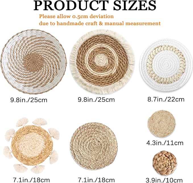 7 Pack Boho Wall Basket Decor - Seagrass Rattan Wicker Wall Decor Round Handmade Hanging Rustic Flat Elegant Wall Art for Farmhouse Living Rooms Bedrooms Display Table Settings Kitchen Home