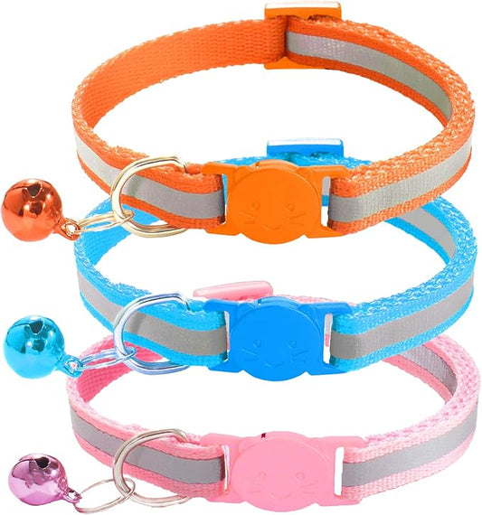 3 Pack Reflective and Breakaway with Bells of Cat Collar，Adjustable from 7.5 to 12.5 Inches, Ideal of Kitten Collar, Suitable for Girls and Boys (Orange/SkyBlue/Pink)