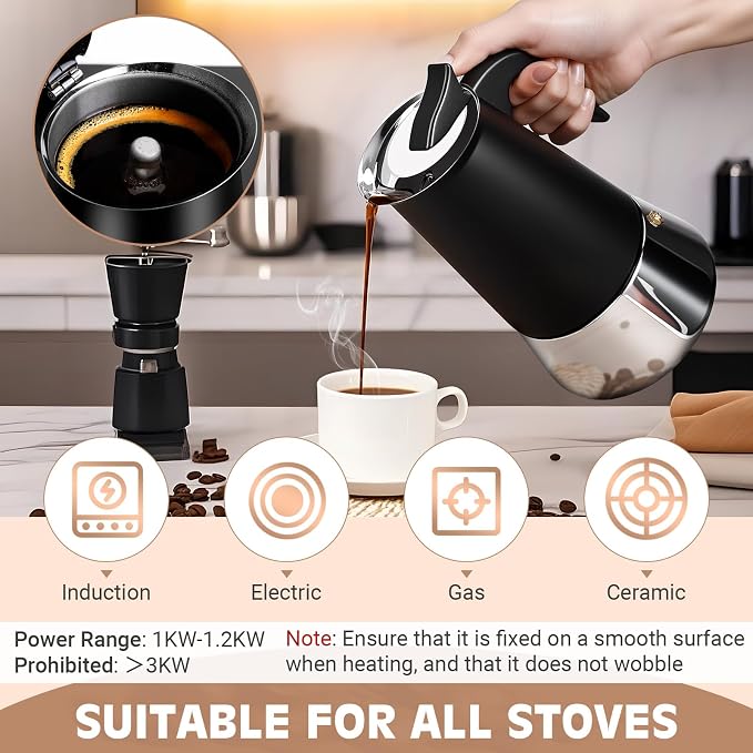 9 Cup Stainless Steel Moka Pot, 450ml Stovetop Espresso Maker, Black