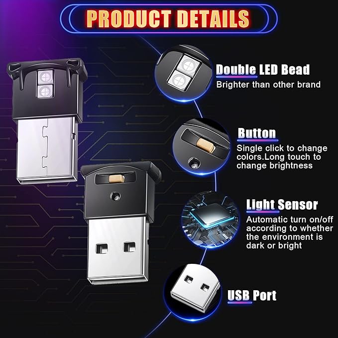 Frienda 4 Pieces Mini USB LED Light, Car LED Interior Lighting 5v Smart USB Atmosphere Light, Laptop Keyboard Office Decoration Night Lamp, Adjustable Brightness, 8 Colors (Type A)