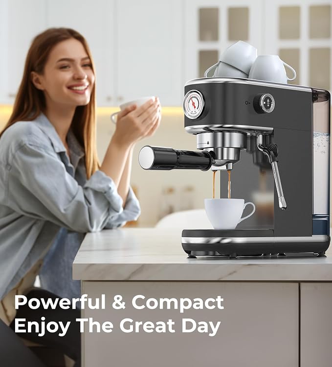 atatix 20 Bar Espresso Machine with Milk Frother, Compact Espresso Maker | Stainless Steel Coffee Machine with Precise Temp Control, 44oz Removable Water Tank for Latte, Cappuccino, Dark Grey