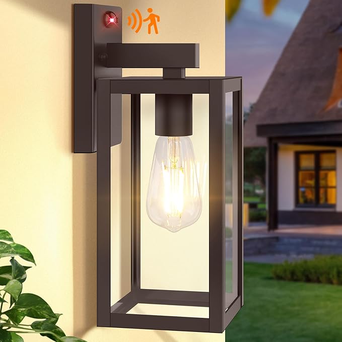Upgraded Motion Sensor Outdoor Wall Light, 13” Dusk to Dawn Porch Light Outdoor Wall Sconce Lantern, 3 Lighting Modes Exterior Lighting Fixture Wall Mount, Outside Light for House Garage Patio, Brown