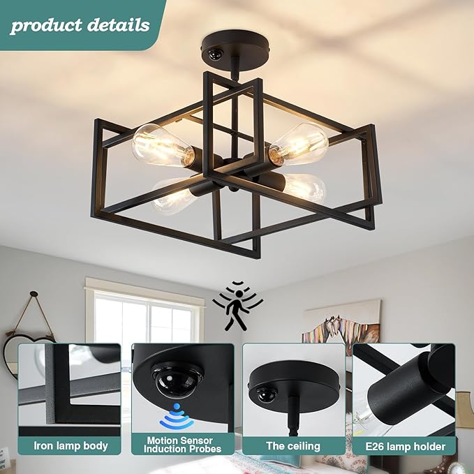 ZGLAOJT Motion Sensor Ceiling Light Fixture 4-Lights Semi Flush Mount Ceiling Light Black Industrial Indoor Chandelier for Kitchen Living Room Bedroom Farmhouse Hallway Foyer