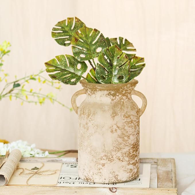 Glass Flower Vase with Handle- 8 Inches Rustic Imitation Ceramic Vase for Flowers, Vintage White Brown Centerpiece Decorations for Farmhouse, Modern Home, Table & Holiday Decorations