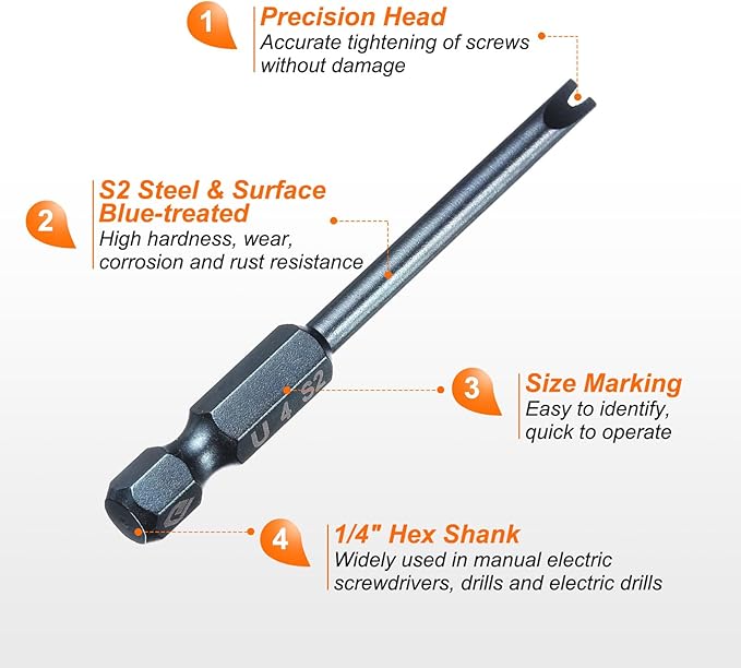 HARFINGTON 5pcs U-Type Screwdriver Bit 1/4" Hex Shank U4 Magnetic Head 2.6" Length S2 Steel U-Shaped Screw Driver Bit for Repair Work Electric Screwdriver, Blue