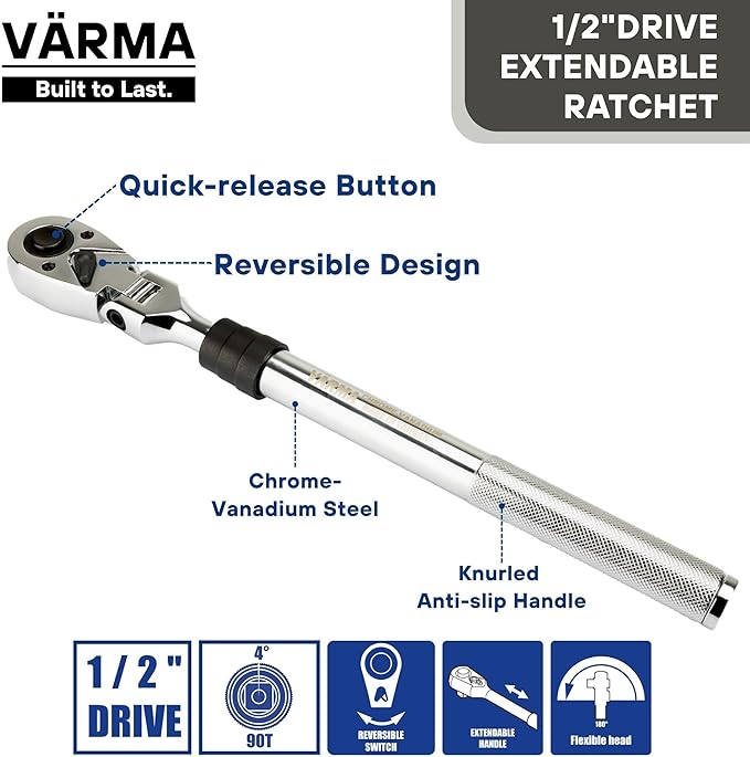1/2" Drive Ratchet – 13.7–19.2" 6-Stage Extendable Handle, 90T Flex Head, Quick Release, Chrome Vanadium