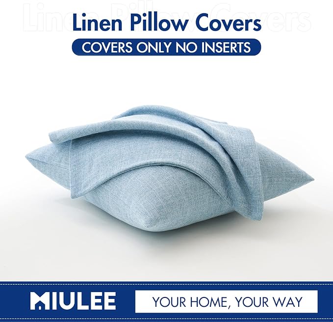 MIULEE Pack of 2 Linen Textured Pillow Covers, 16x16 Inch Light Blue | Decorative Burlap Pillowcases, Coastal Boho Farmhouse Accent Home Decor for Sofa Couch Bedroom Living Room