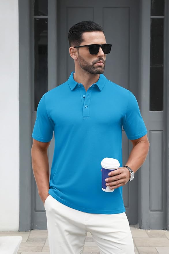 MAGCOMSEN Men's Polo Shirts Short Sleeve Cotton Pique 3 Button Classic Fit Casual T-Shirt Performance Golf Shirts