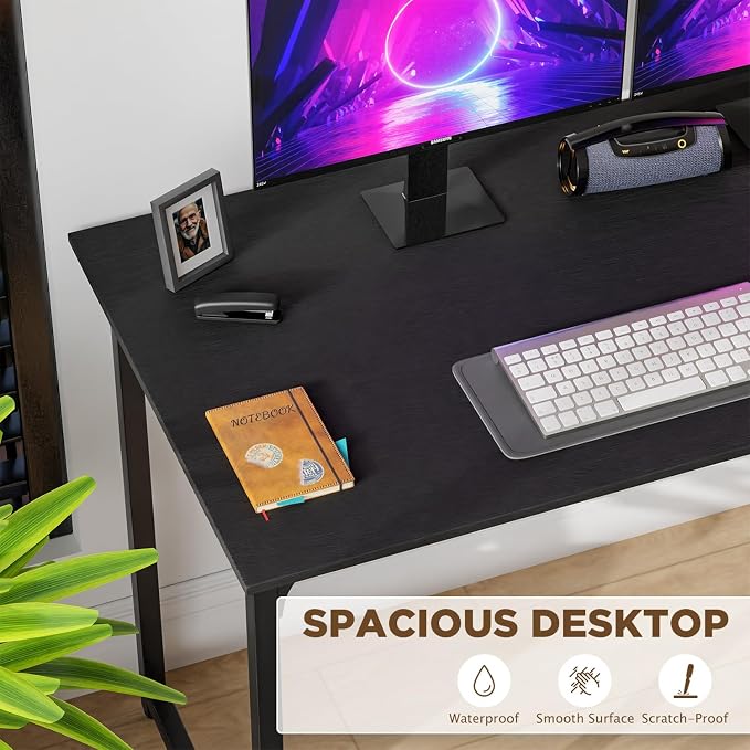 PayLessHere | 47 Inch Computer Desk | Black | Sturdy Office Desk | Metal Frame, Adjustable Feet | Water-Resistant, Scratchproof Surface | Writing Table for Home Office or Study | Pack of 1
