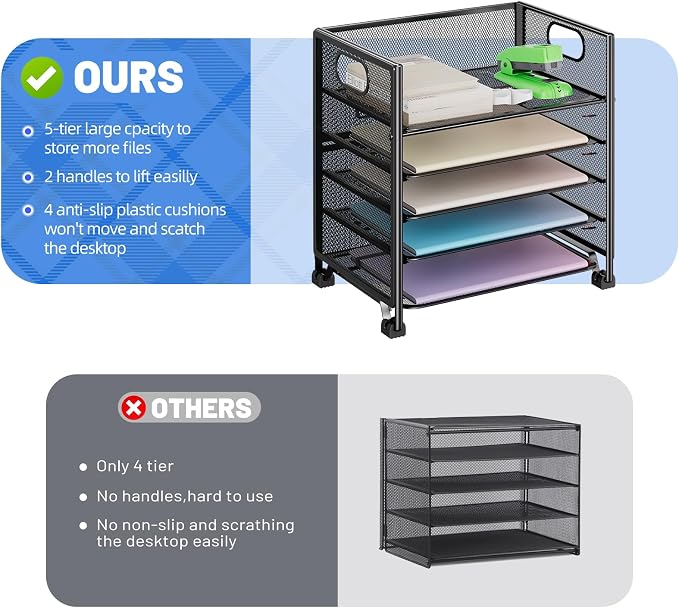Simple Trending 5-Tier Paper Tray Organizer, File Organizer for Desk, Black | Letter Tray Holder with Handle. Sturdy Metal Frame. Non-slip Feet. Black for Office Home School. 13.25"L x 9.25"W x 13"H