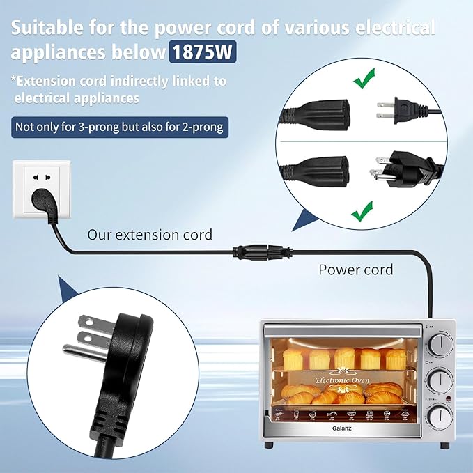 1875W Short Extension Cord,15A 16AWG Low Profile Flat Plug Heavy Duty Extension Cord Outlet Saver 3-Prong Grounded Power Cable (Black1 Feet)