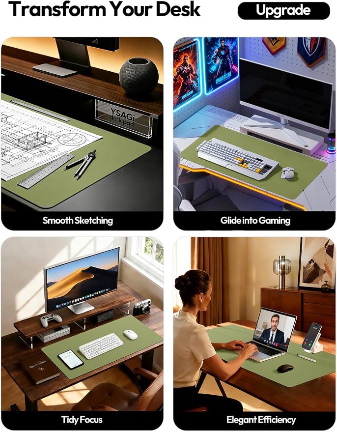 YSAGi Leather Desk Pad Protector, Office Desk Mat, Large Mouse Pad, Non-Slip PU Leather Desk Blotter, Laptop Desk Pad, Waterproof Desk Writing Pad for Office and Home (Green, 47" x 17")