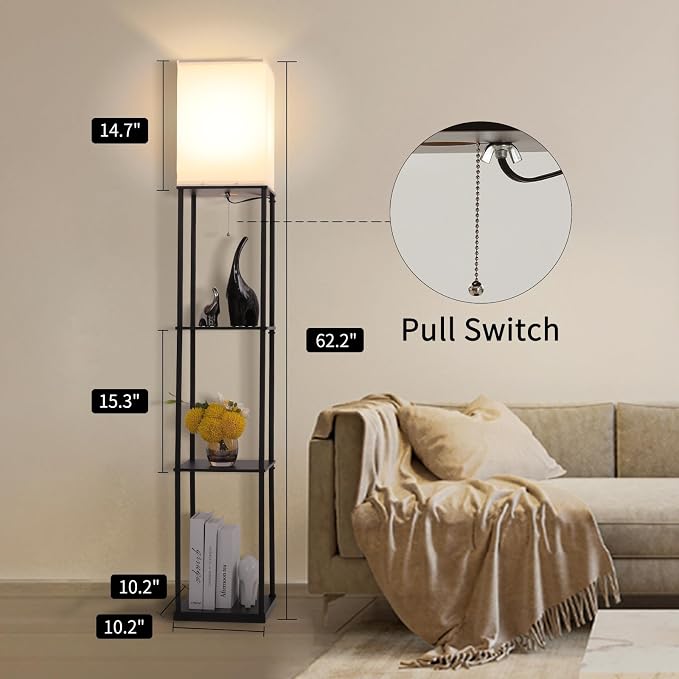 Gupuzm Floor Lamp with Shelves, Modern Square Standing Lamp with 3 Color Temperature Bulb, Corner Display Bookshelf Lamp for Living Room, Bedroom and Office (Black)