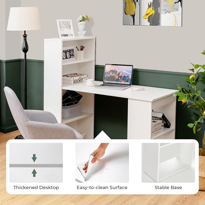 GRAFFY Computer Desk with 6 Storage Shelves - 48" Reversible Writing Desk Workstation with Bookshelf and CPU Stand, Modern Compact Office Desk for Bedroom, Study, Home, Office (White)