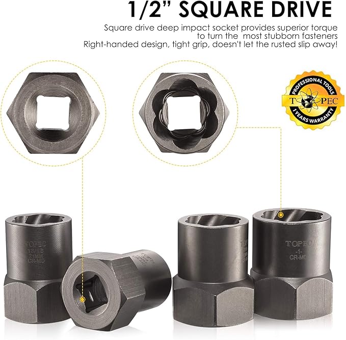 Topec 5-Piece Heavy Duty Bolt Remover Set, 1/2" Drive Impact Extractor Set, Perfect Tool Kit for Removing Stripped, Damaged, Rounded off and Rusted Bolts & Nuts, and Shorter Profile Lug Nuts