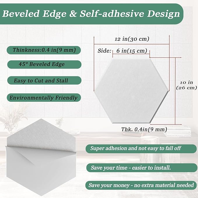 Hexagonal Acoustic Panels-12 Pack High-Density Sound Absorbing Panels 12"X10"X0.4" for Enhanced Noise Reduction, DIY Design, Idea for Studios, Offices, and Home Theaters(Snow White)