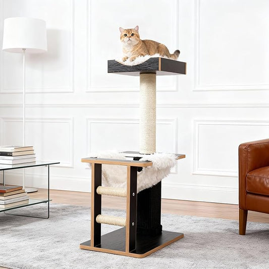 Cat Tree, 37.4-Inch Cat Tower with Plush Cozy Perch for Indoor Cats, Sturdy Tower with Fully Sisal-Wrapped Columns and Plush Toy Ball for Kitty Play, Black
