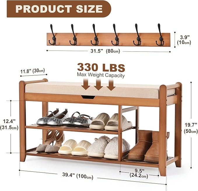 39.4in Shoe Bench with Coat Rack, 3-Tier Bamboo Entryway Bench Hall Tree Shoe Rack Holds Up to 330lb for Bedroom Hallyway