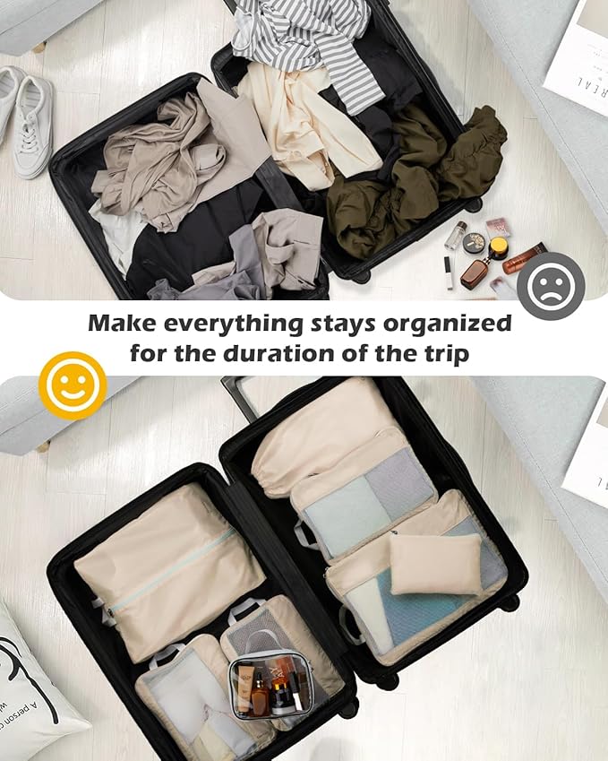 Gonex 8 Set Expandable Mesh Packing Cubes for Travel Essentials, Compression Organizer with Toiletry, Laundry, Shoe, Cable Bags - Beige