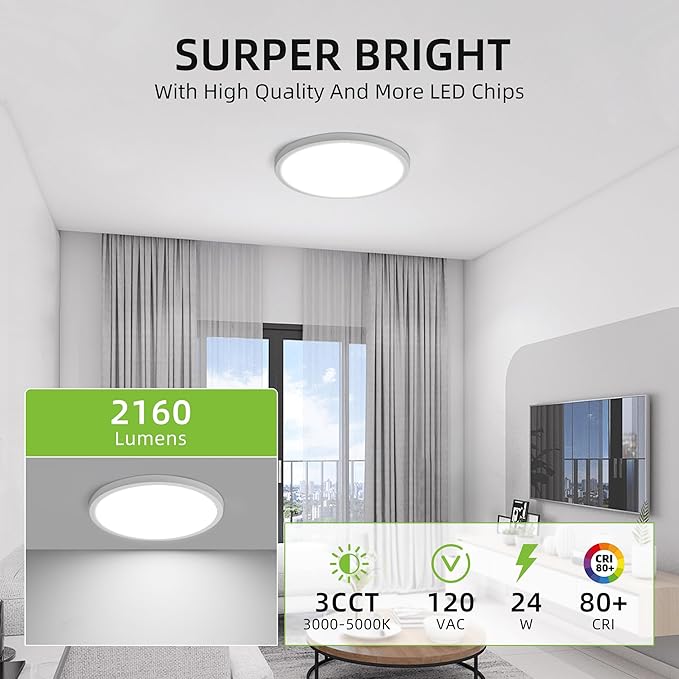 hykolity 2 Pack 12 Inch Selectable CCT LED Round Flat Panel Light, 24W 3000K/4000K/5000K, Edge-Lit Flush Mount Ceiling Light Fixture for Kitchen, Bedroom, Laundry and Closet Room，White