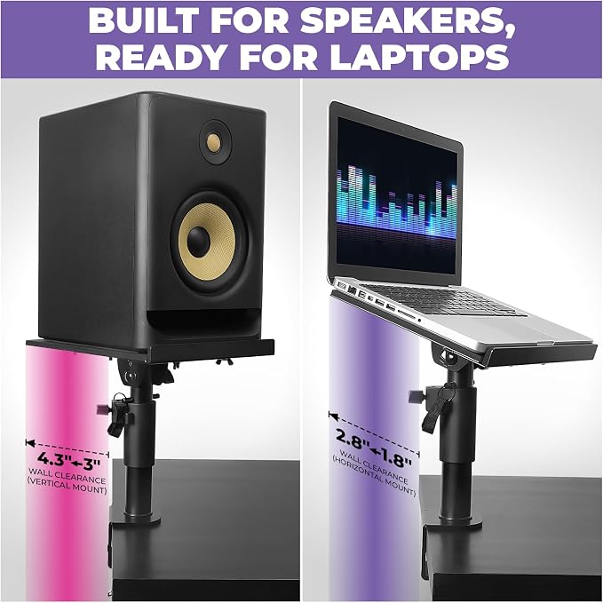 Liquid Stands Studio Monitor Stands - Music Studio Desktop Speaker Stand - 2 Pack 12x9 Clamp-on Adjustable Short or Tall Speaker Support for Music Booth Desk Audio Monitor Stand Mount with Tilt