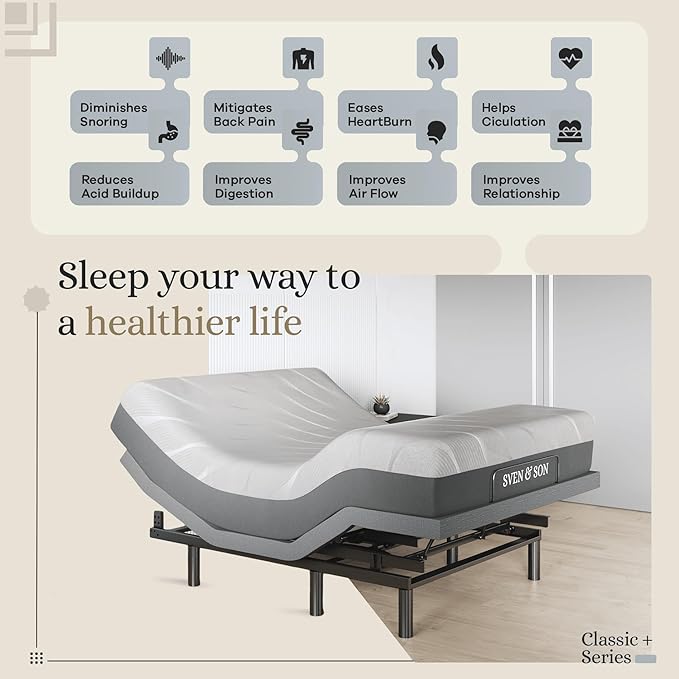 Sven & Son Harmony Adjustable Bed Base, Head and Foot Lift, Massage, Under-Bed Lights, USB, Gel Memory, Zero Gravity Smart Frame - Queen + 10 inch Memory Foam Matt (Firm)