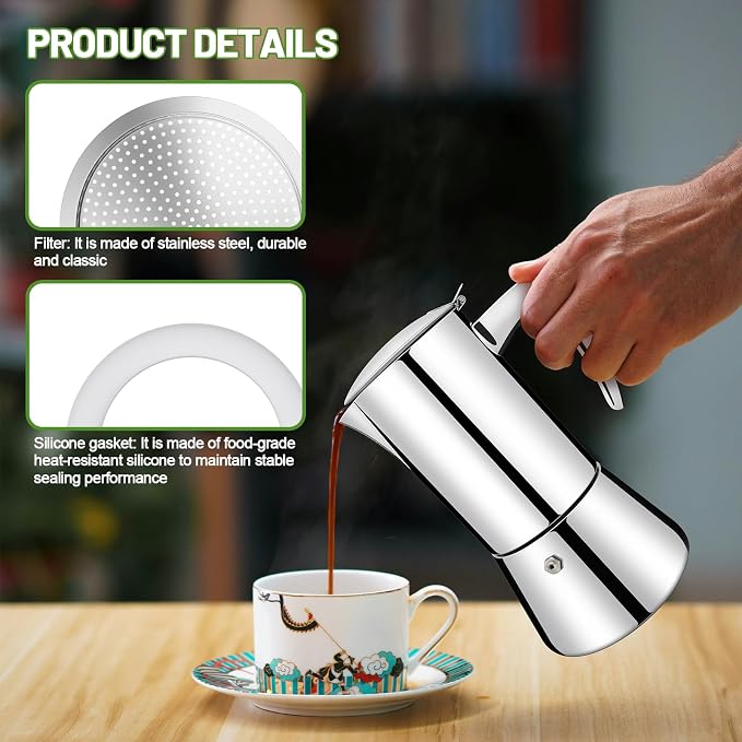 2 Pcs Filter with 3 Pcs Silicone Gasket Seals for 4 Cup Stovetop Espresso Coffee Maker Replacement Parts for 304 Stainless Steel Moka Pot