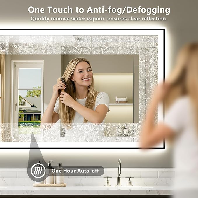 72x40 Inch LED Bathroom Mirror with Lights (Front Lit and Backlit) Black Framed Lighted Vanity Mirror for Bathroom Wall Dimmable Anti-Fog Memory Tempered Glass Horizontal/Vertical