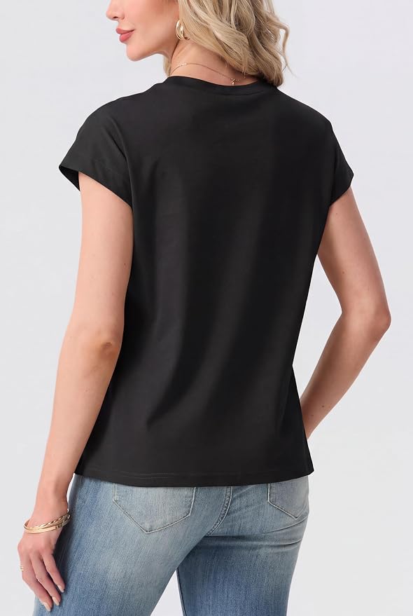 GRECERELLE Womens Summer Tops Cap Sleeve Crew Neck Basic T-Shirt | Everyday Casual Wear, Layering Friendly, Wrinkle-Resistant, Business Casual Ready, Lightweight & Packable, Capsule Wardrobe