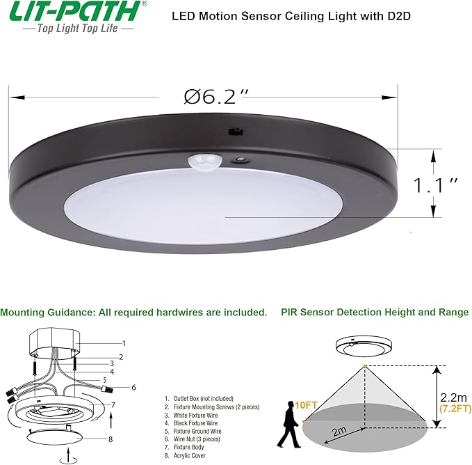 LIT-PaTH LED Flush Mount Ceiling Light, Closet Lighting Fixture with Motion Sensor and Dusk to Dawn, 10.5W, 800 Lumen, 6.2 Inch, Anti-Rust Galvanized Housing, Bronze Finish 3000K 4-Pack