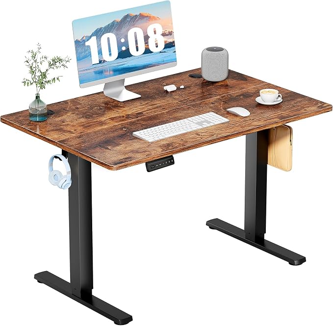 DUMOS 40 Inch Electric Standing Desk, Memory Adjustable Home Office Desk | Sit Stand Up Desk for Work Home Office,Adjustable Desk, Rising Computer Table with Splice Board,Cable Management,Hook,Brown