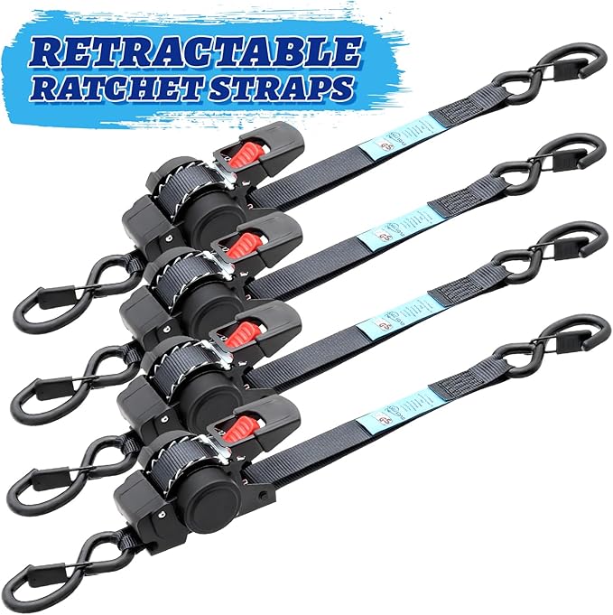 ANLULOAD Retractable Ratchet Strap(1 in x 11.48 ft),Retractable Tie Down Strap for Motorcycles, Boats,Atvs,Utvs.W.L.L:700 Lbs/B.S:2,100 Lbs-4Packs