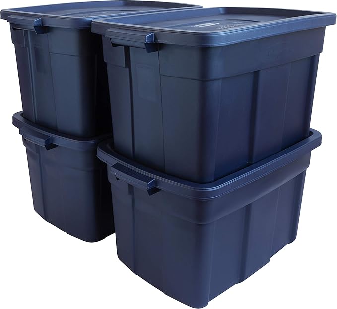 Rubbermaid Roughneck Tote 25 Gal, 4 Pack, Made in USA, Dark Indigo Metallic, Rugged Plastic Stackable Storage Bins with Lids and Handles