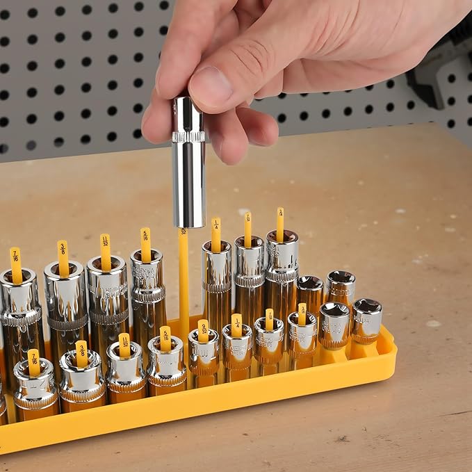 7PCS Socket Organizer Tray Set with Mini Folding Tray, Yellow & Black Magnetic Socket Holder for 1/4", 3/8", 1/2" Drive Metric and SAE Sockets
