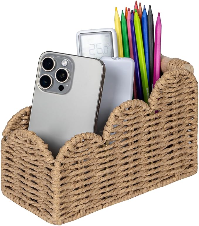CubesLand Bedside Table Desk Organizer Caddy, Remote Pen&Pencil Holder Cup | Makeup Brush Holder w/Scalloped Perfect for Home, Office Desk, Living Room Table Decor, 3 Slots Neutral
