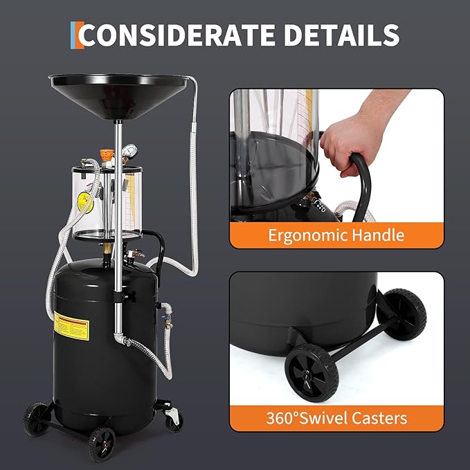 20 Gallon Waste Oil Drain Tank, Air Operated Portable Oil Drainer With Adjustable Funnel, Fluid Fuel Transfer Drainage With Wheels, Oil Change Container for Automotive Workshops
