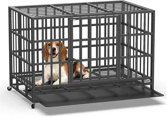 42 Inch Heavy Duty Dog Crate, Indestructible Escape-Proof Dog Kennel for High Anxiety Large Dogs, Strong Metal Pet Cage with Double Doors, Lockable Wheels & Removable Tray, XL XXL XXXL