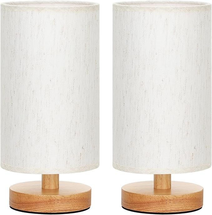 Fenmzee Small Lamps Set of 2 (Cream Shade - Wood Base, 9" Inline Control) | Two 3000K LED Blubs Included | 680 Lumens | Easy Assembly | Minimalist Design | E26 | for Kitchen | for Kids Room