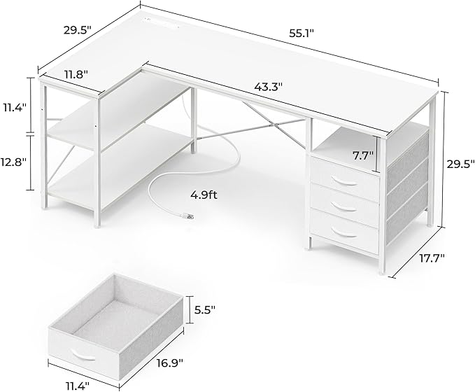 Huuger L Shaped Office Desk with Power Outlets, 55 Inch Computer Desk with 3 Drawers, Shelves, Reverisble for Gaming Corner Work Home Office Study, White