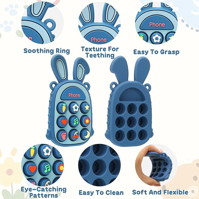 Teething Toys for Babies, BPA-Free Silicone Teether Toy for Infants, Cute Rabbit Phone Design with Easy-Grip Ears, Soothing Gums and Push Pop for Boy and Girl