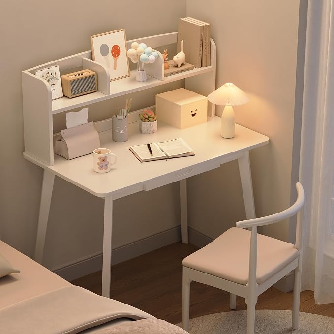 IOTXY Small Writing Desk with Hutch - 39.4" Work Computer Study Table | White , Storage Drawer, Space-saving for Home and Office, with Bookshelves