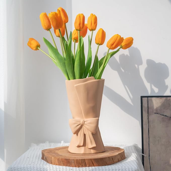 Relexome Beige Ceramic Bow Vase 9.64 in Unique Cute Modern Decorative Bouquet Flower Vases for Home Living Room Table Decor Women Girl Gifts