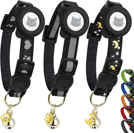 Cat Collar with AirTag Holders, 3-Pack, Reflective Breakaway Safety Collars, Bells and Matching Charms, Adjustable, Paw Hearts, Moon Stars Design, Lucky Charm, Black