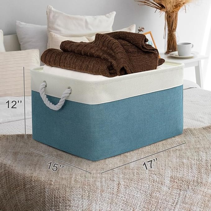 Storage Basket for Organizing - 17X15X12 inch 2 Pack Canvas Storage Bin for Shelves, Fabric Storage Cubes for Cloth Decorative Books Nursery (White & Green)