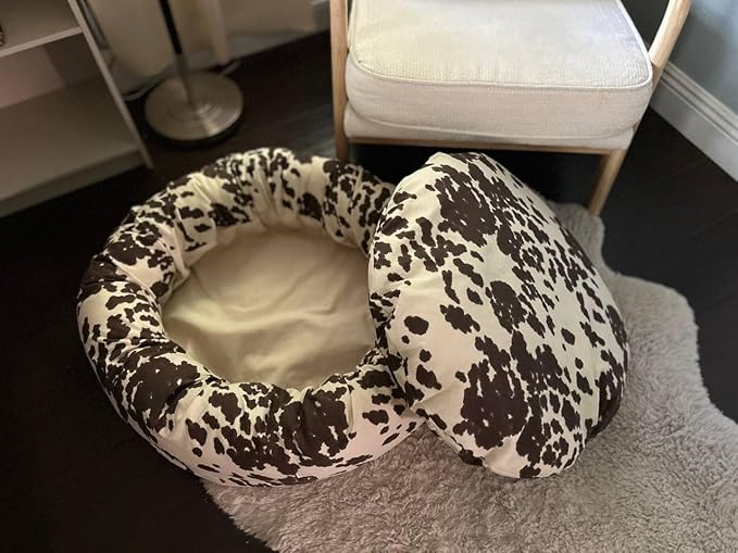 Organic Cotton Canvas Dog Bed: Removable Cover, Natural Fill - Made in USA (Cow Print Brown White, XX Large 50" x 8" inches)